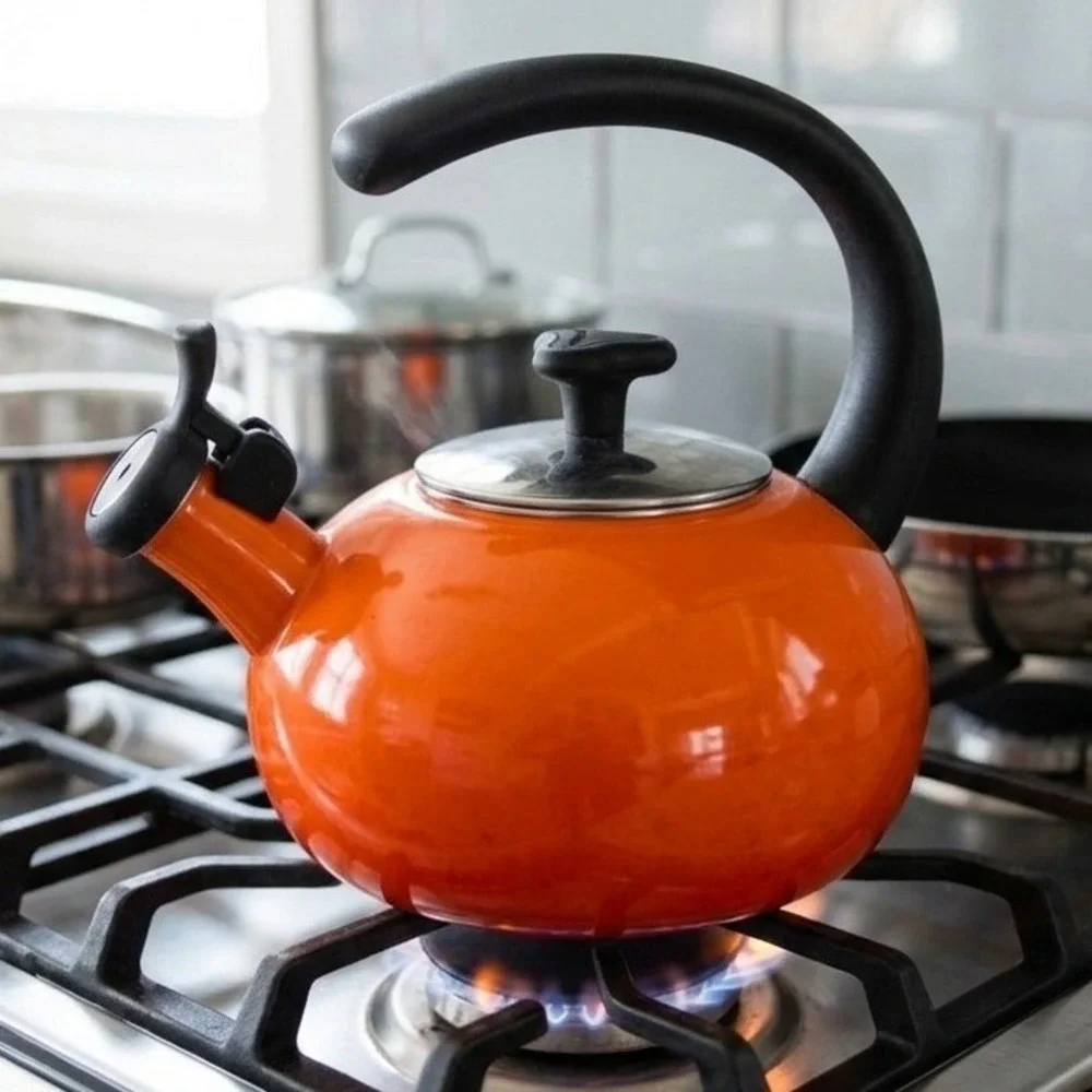 VINTAGE Rachel Ray Orange Enamel Whistling Tea Kettle Stovetop 1.5 Quart Retro